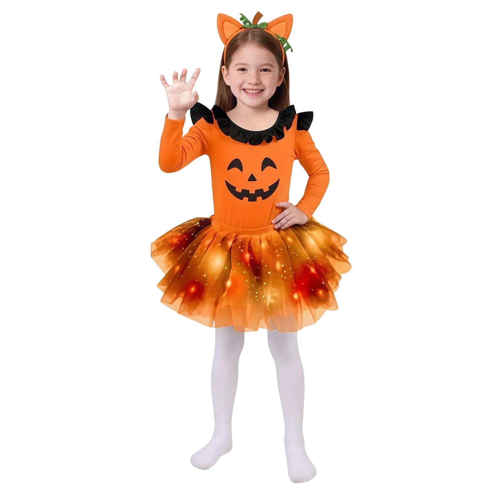 Girls Cat Halloween Costume Set, Light‑Up Tutu Skirt with LED Lights, Long Sleeve Cat Print Bodysuit, Cat Ear Headband, Tail & Tights, Kids Fancy Dress Outfit for Halloween Party Cosplay