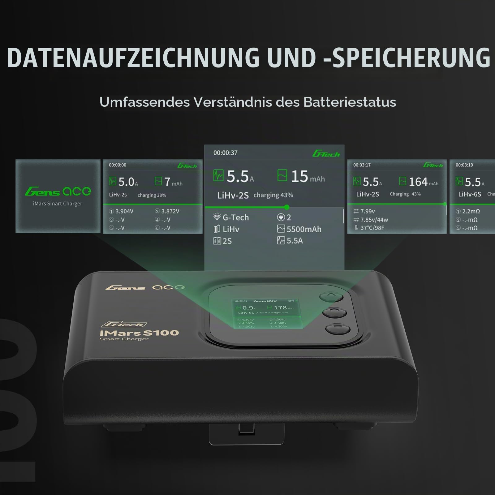 Gens Ace iMars S100 AC Lipo Ladegerät 100W – 10A Schnellladegerät für LiPo/Li-ion/Life/NiMH Akkus (2S-6S), inkl. XT60/T-Plug/EC3/EC5 Adaptern – Kompaktes Balancer-Ladegerät für RC Modellbau, Schwarz
