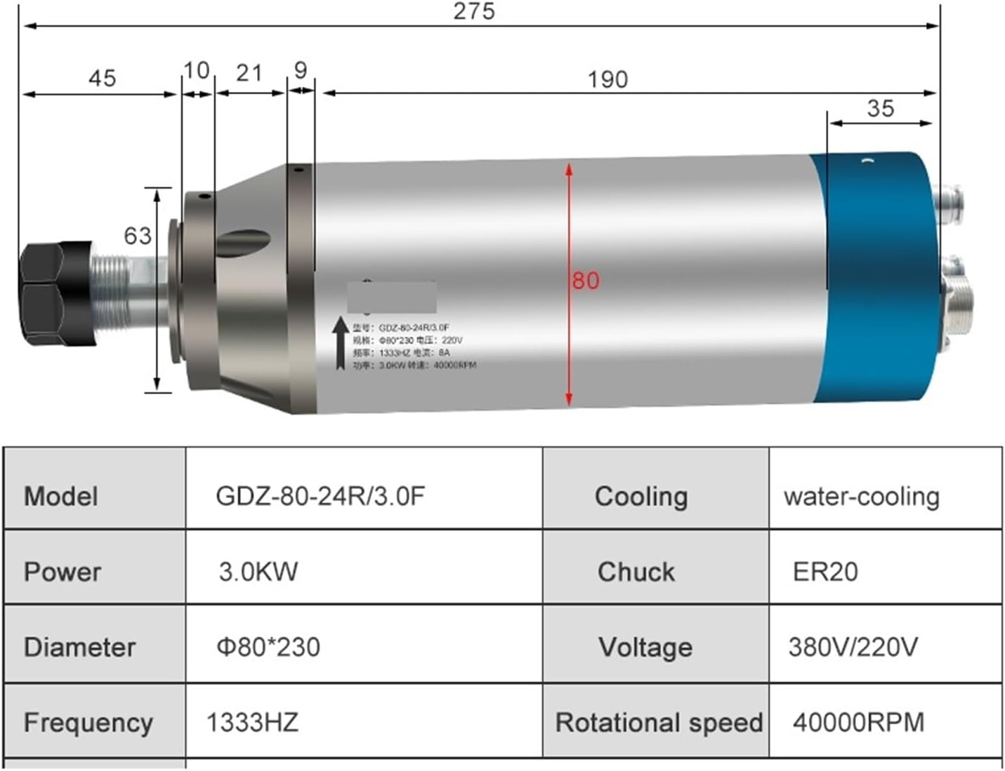 Water-cooled spindle motor 3KW ER20 220V 380V Z axis 1333HZ 40000rpm(3.0kw ER20 220V)