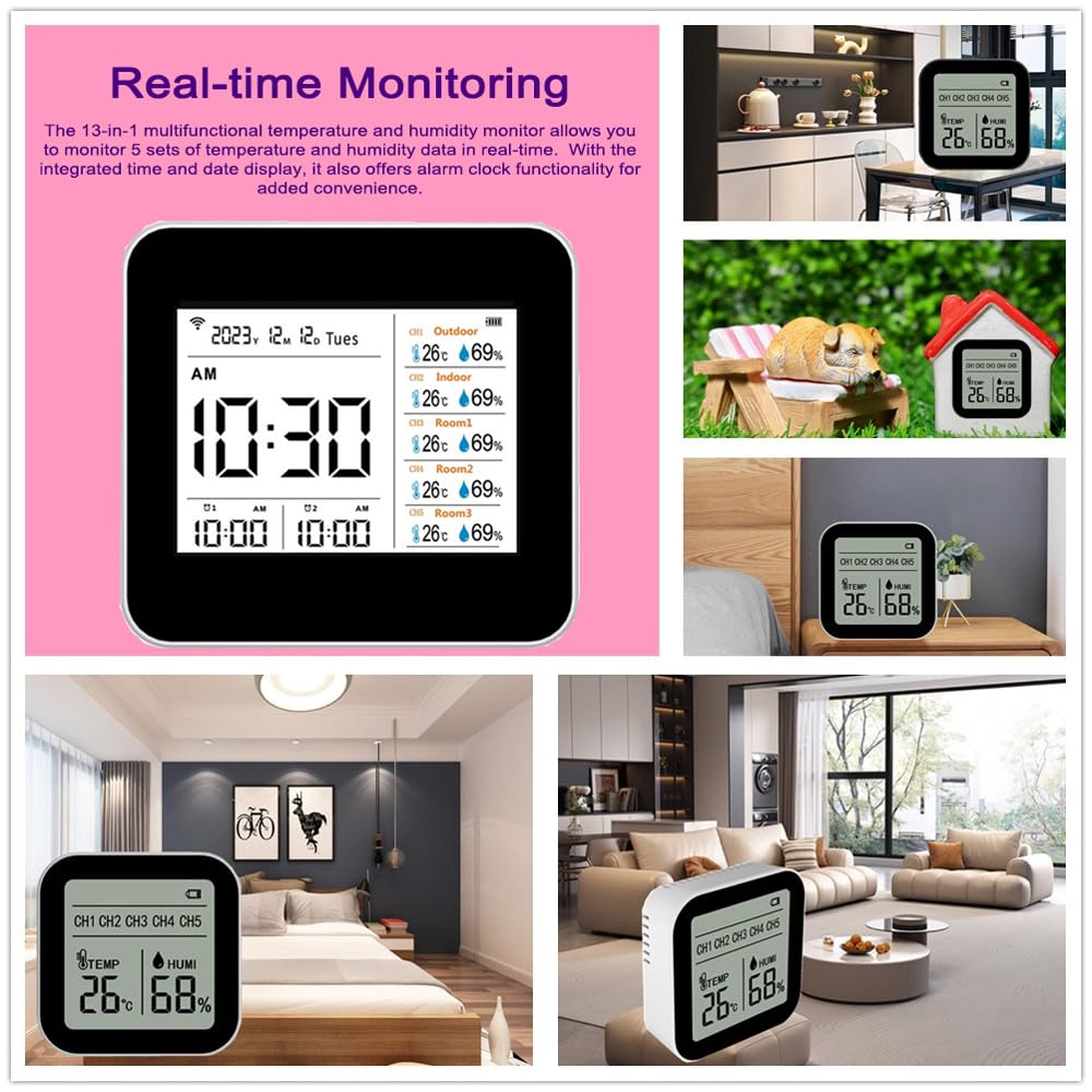 Termómetro Higrómetro Inteligente WIFI para Oficina en Casa, Monitoreo en Tiempo Real Medidor de Humedad de Temperatura 13 1 con Pantalla Hora/alarma, Material ABS Blanco (con 5 subunidades)