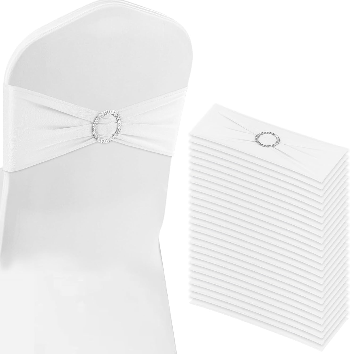 White Chair Sashes 50 Pack Spandex Stretch Chair Band Sashes with Buckles for Folding Chairs Wedding Party Reception Baby Shower Events Banquet Decorations White 50