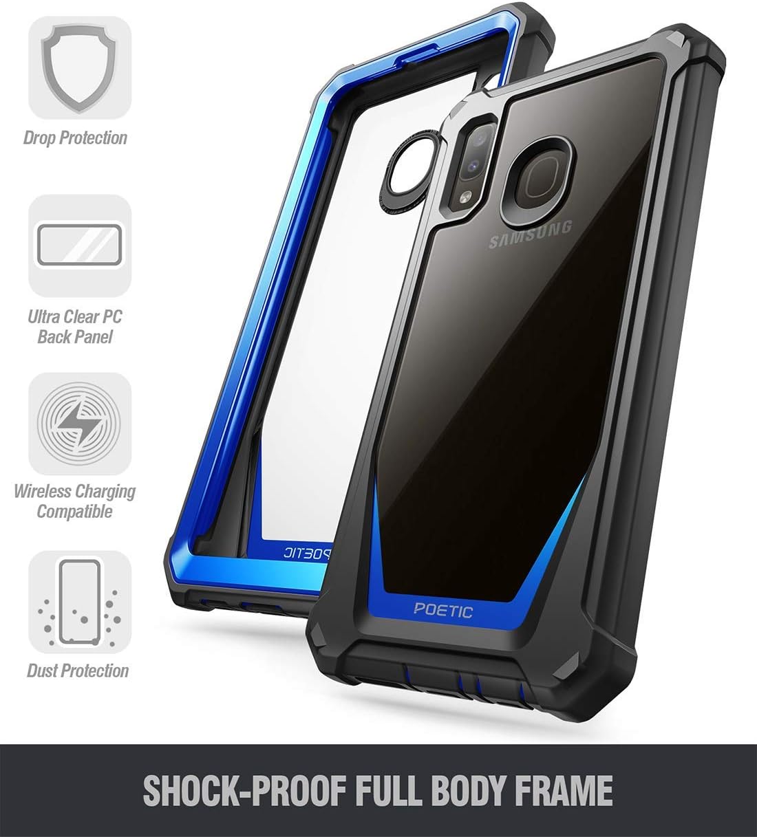 New Product Galaxy A20 Rugged Clear Case, Galaxy A30 Case, Poetic Full-Body Hybrid Shockproof Bumper Cover, Built-in-Screen Protector, Guardian Series, Case for Samsung Galaxy A20 / Galaxy A30, Blue/Clear