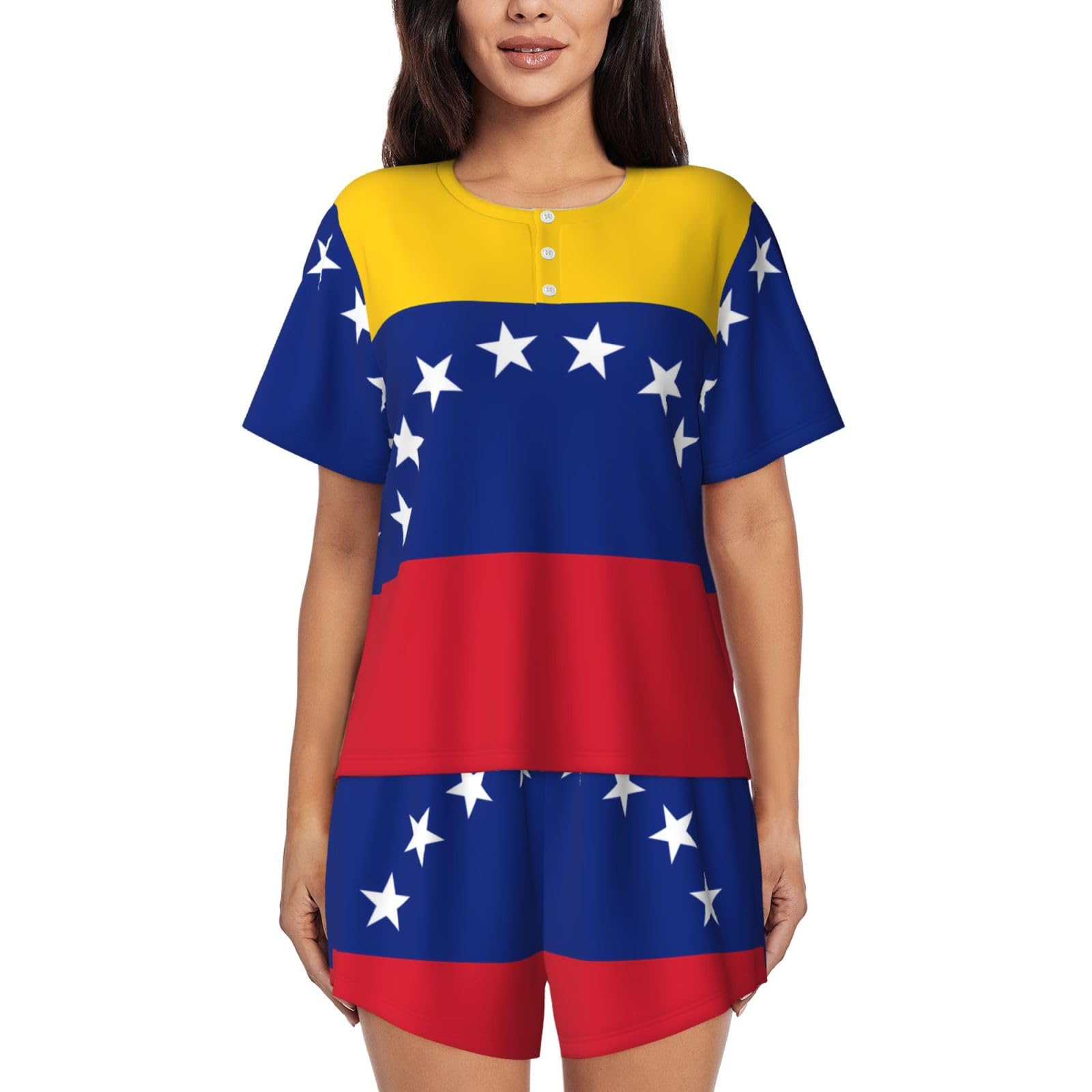 Jxwcher Women's Black Soft Pajama Set Short Sleeve, Comfy Flag Of Venezuela Print Sleepwear Pjs Set Loungewear With Pockets, M
