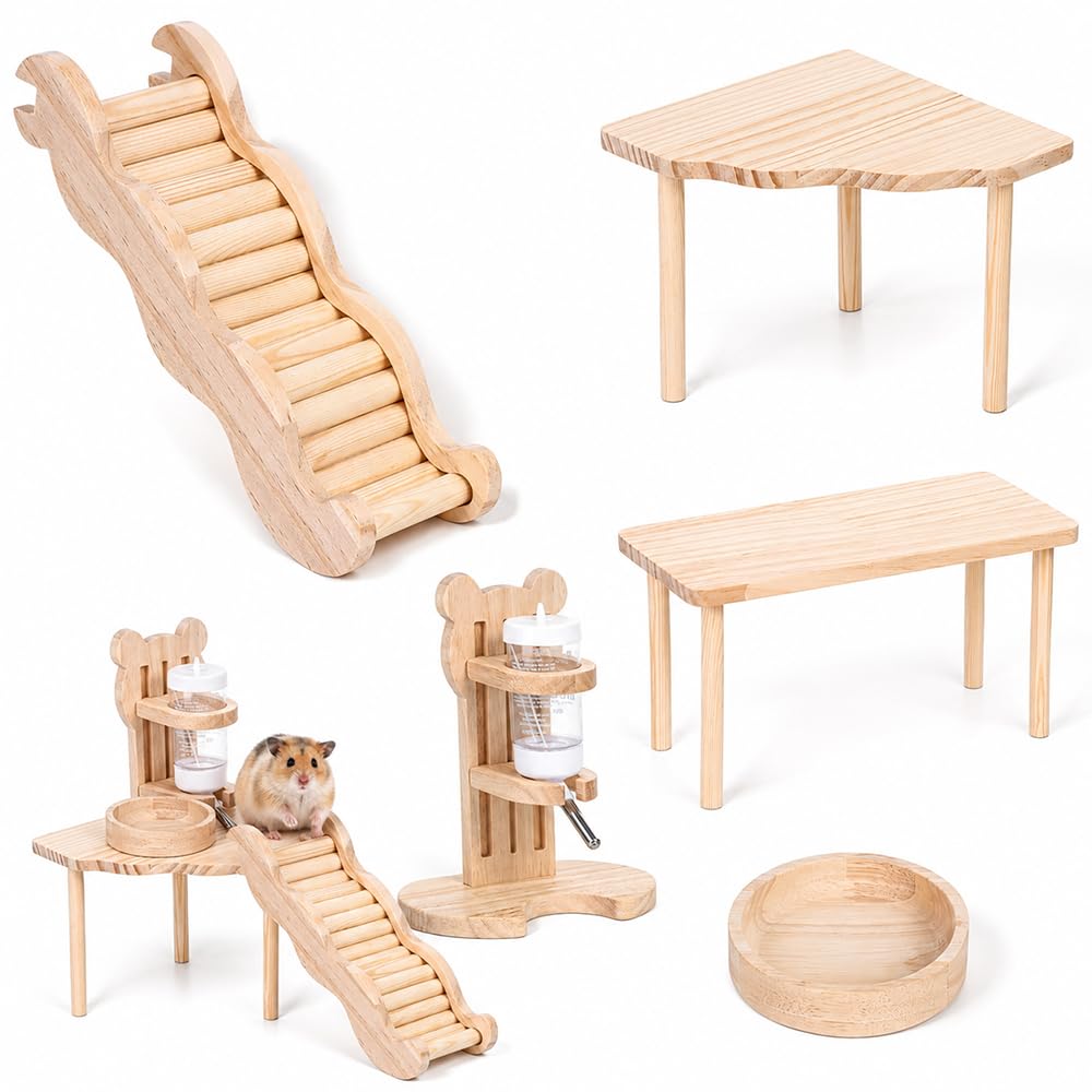 5PCS Wooden Hamster Toy Set, SGZIOO Gerbil Toys, Hamster Cage Accessories with Climbing Ladder Water Bottle Feeding Bowl Platform, DIY Playground for Small Pets Gerbil Guinea Pig Dwarf