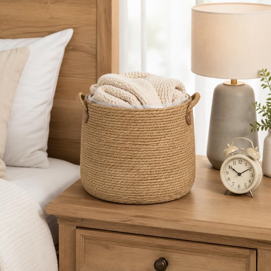 Cestino portavaso in rattan naturale intrecciato con rivestimento in plastica, coprivaso decorativo da 22 cm per piante da interno, arredamento boho.