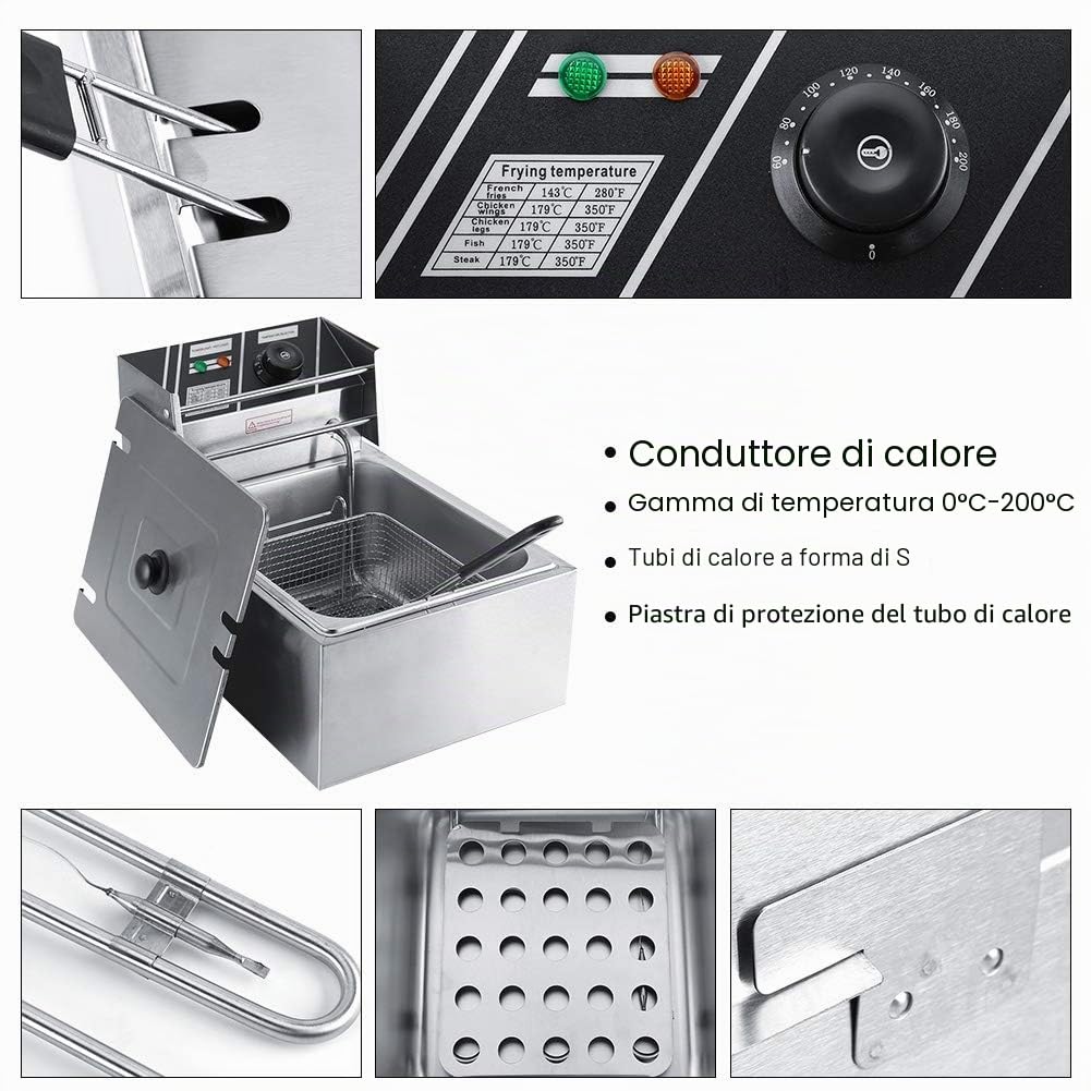Friggitrice Elettrica Professionale 6L, 2500W, Friggitrice ad Olio in Acciaio Inox, con Cestello, Regolatore di Temperatura, per Catering, Patatine Fritte, Pollo
