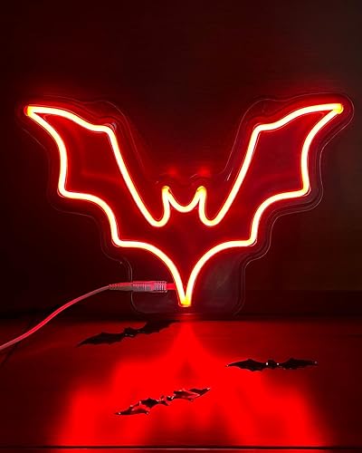 Letrero de neón de murciélago para Halloween, 15 x 10 pulgadas, espeluznante decoración de pared de vampiro y decoración de Halloween, letrero de