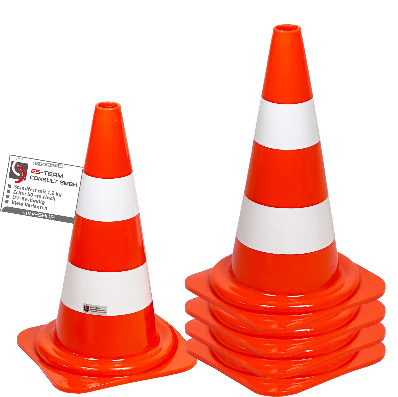 UvV DuraCone 50 Pylonen Leitkegel Warnleitkegel echte 50 cm orange mit 2 weißen Streifen leuchtenden Farben (Orange und Weiß) für optimale Sichtbarkeit (5 Kegel Set)