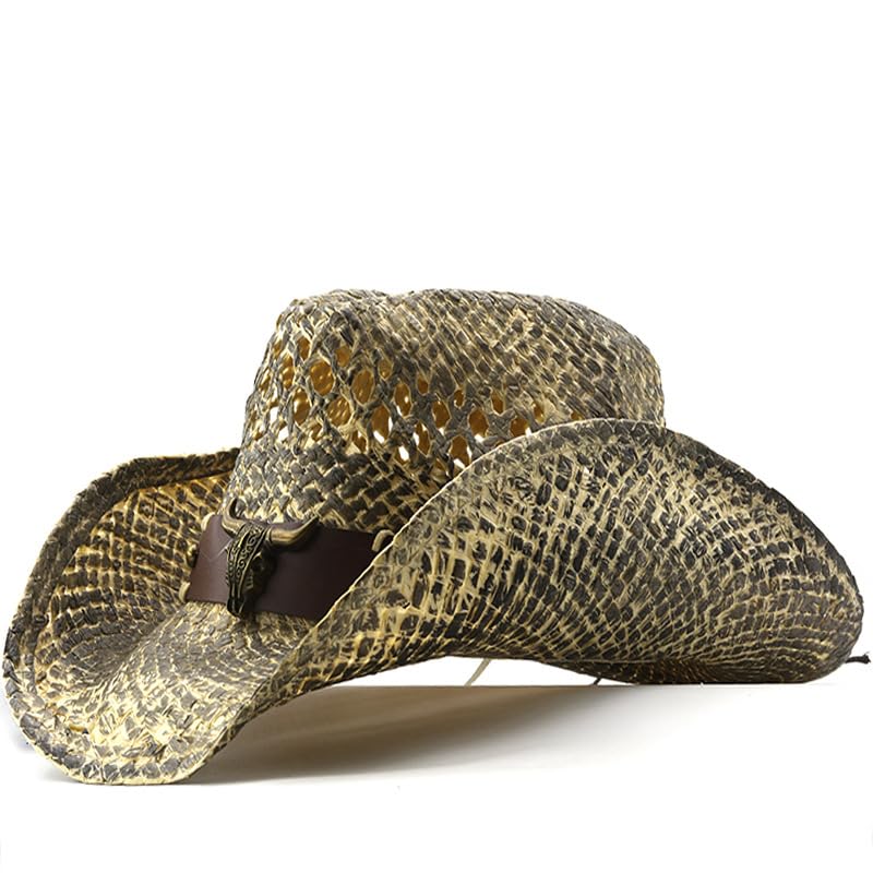Image of Men & Women's Summer Cowboy Cowgirl Straw Hat Hollow Out Woven Roll Up Wide Brim Sun Hat with Chin Strap