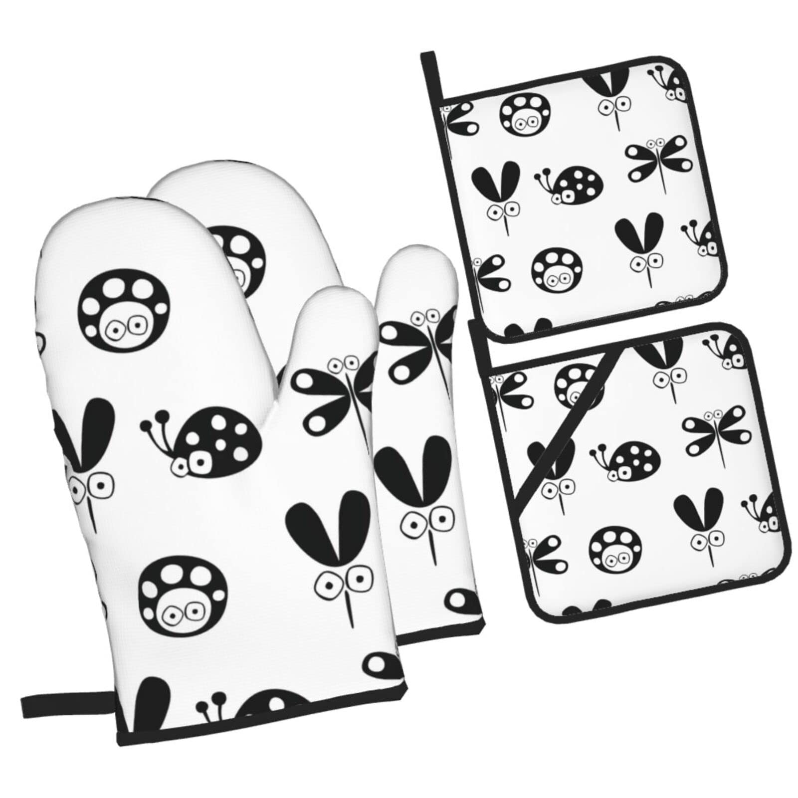 Ladybug Black Pattern Large Oven Mitts and Pot Holders Sets, Christmas Oven Mitt Kitchen Heat Resistant Non-Slip Pot Holders Set for Cooking Baking BBQ