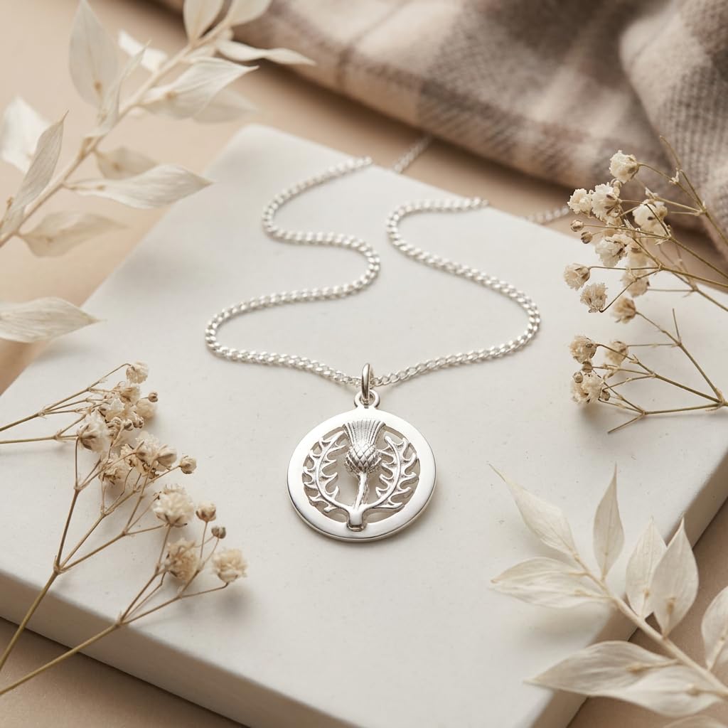 Alexander Castle 925er Sterlingsilber Halskette mit schottischer Distel 18 mm x 18 mm Anhänger mit 18-Zoll-Silberkette und Schmuck-Geschenkbox – Schottische Geschenke für Frauen