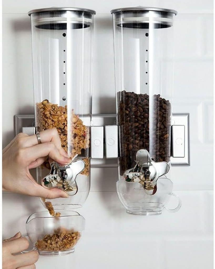 4.5L Triple Food Dispenser with 3 Cup Kitchen Wall Mounted Grain Dispenser for Store Cereal Nut Coffee BeansCandySnackDry Food (Black 4.5L)，Black-4.5L