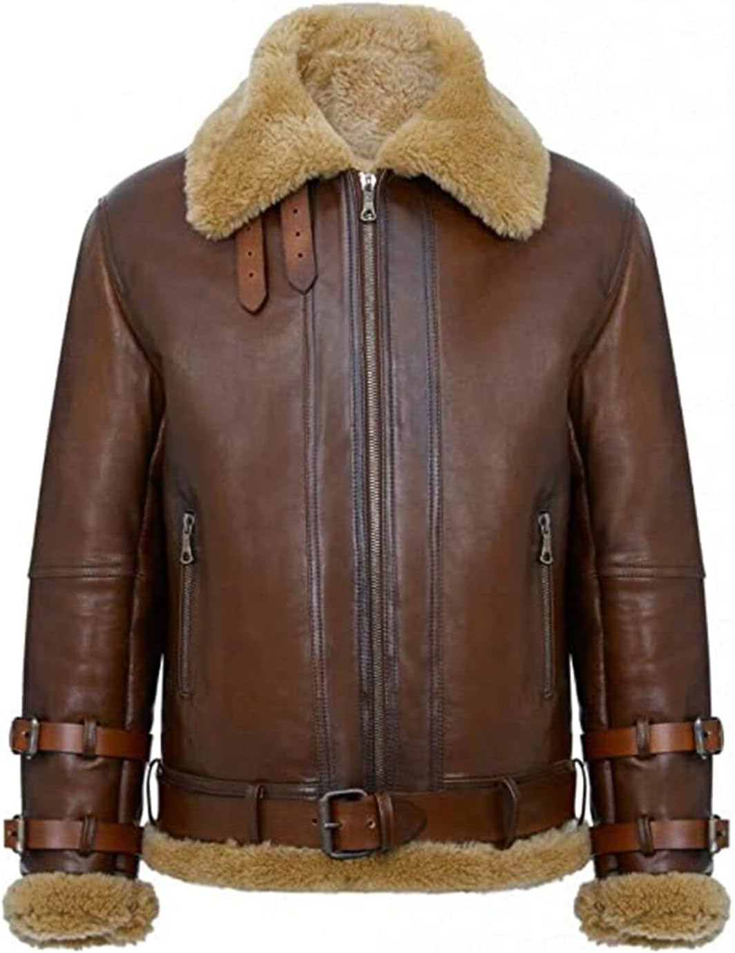 American StyleRAF B3 Flying Aviator Men's Bomber Jacket (Brown) - Genuine Sheepskin Winter Leather Jacket, Fur Collar, Soft Faux Fur Lining with Four Pockets with, brown, L