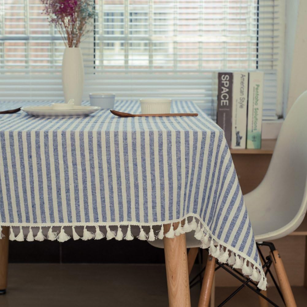 meioro Striped Tablecloth Rectangle Tablecloths Tassel Table Cloth Washable Tabletop Decorative Fabric Table Cover for Kitchen Dinning(Blue/White Stripes,153x305cm)