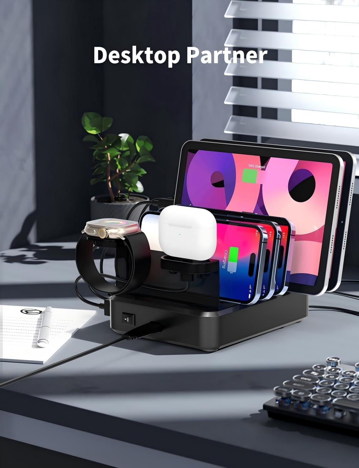 Stazione di ricarica per più dispositivi, stazione di ricarica rapida USB-C a 6 porte per iPad, iPhone, Android, telefoni cellulari, tablet, organizer per più dispositivi (6 cavi corti inclusi)