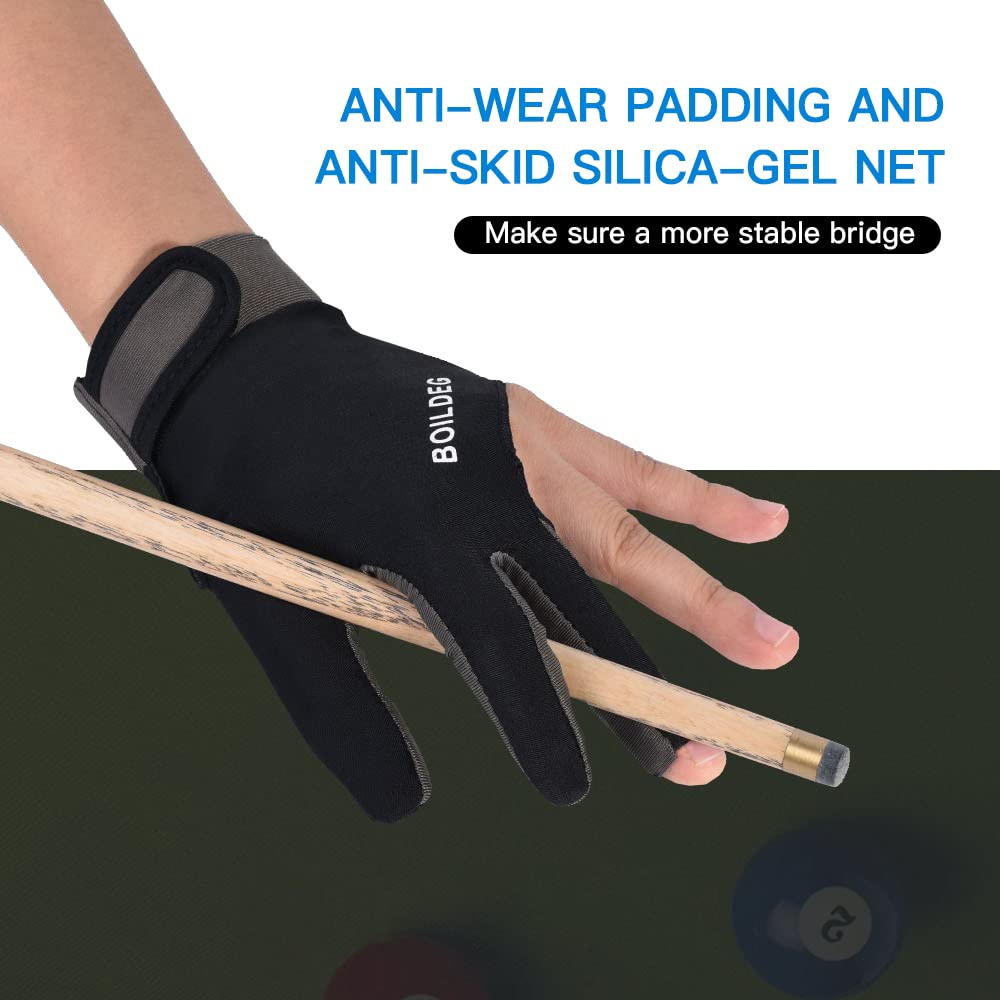 SIUKE Inteable Billiard Glove Billiard Glove Anti-Skid Breathable Cue Sport Glove 3 Finger Super Elastic Sports Glove Fits on Left or Right Hand, Large, Grey