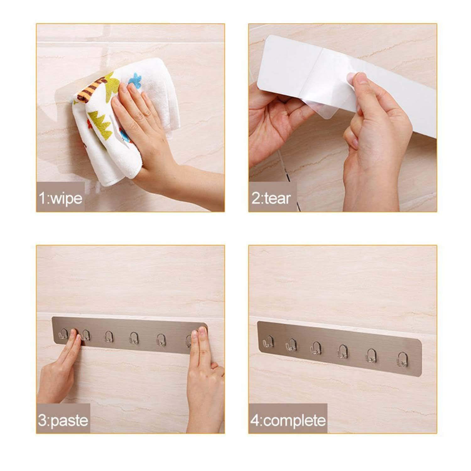 ZIVIK Wall Mounted Hooks Strip with 6 Hooks 2Pcs | Self Adhesive Bathroom Towel Hanger Hook Rail | Bathroom Hook | Multipurpose Kitchen Hanger(Silver) (2, AV-131) 4