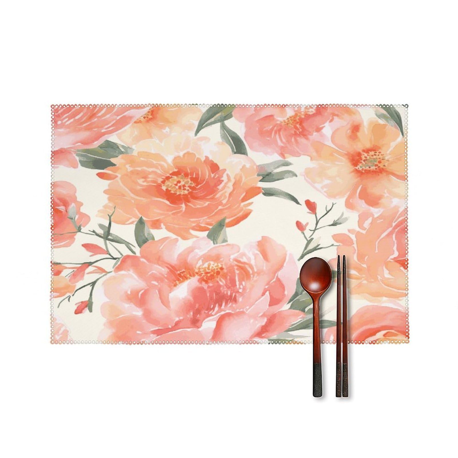 Peach Peony Placemats Set of 4 Canvas Place Mats Non-Slip Heat Resistant Table Mats Washable Waterproof Placemat Wipeable Tablemats for Kitchen Dining Decor Place Mat