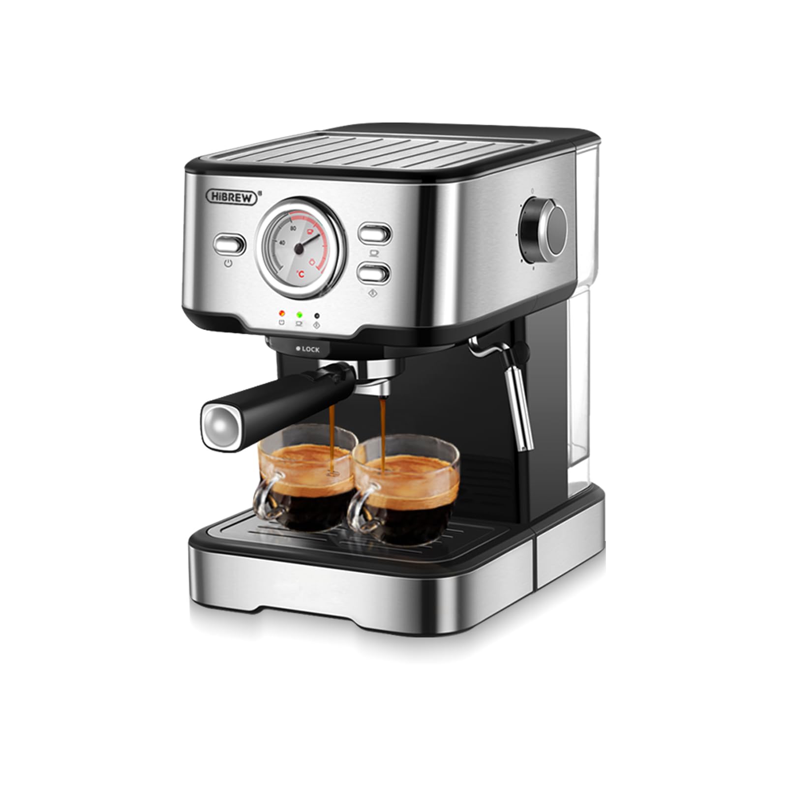 HiBREW H5A Cafetera Espresso Semiautomática 20 Bar Acero Inoxidable | Pantalla de temperatura, función de agua caliente y varilla de vapor ajustable para preparar cappuccino y latte