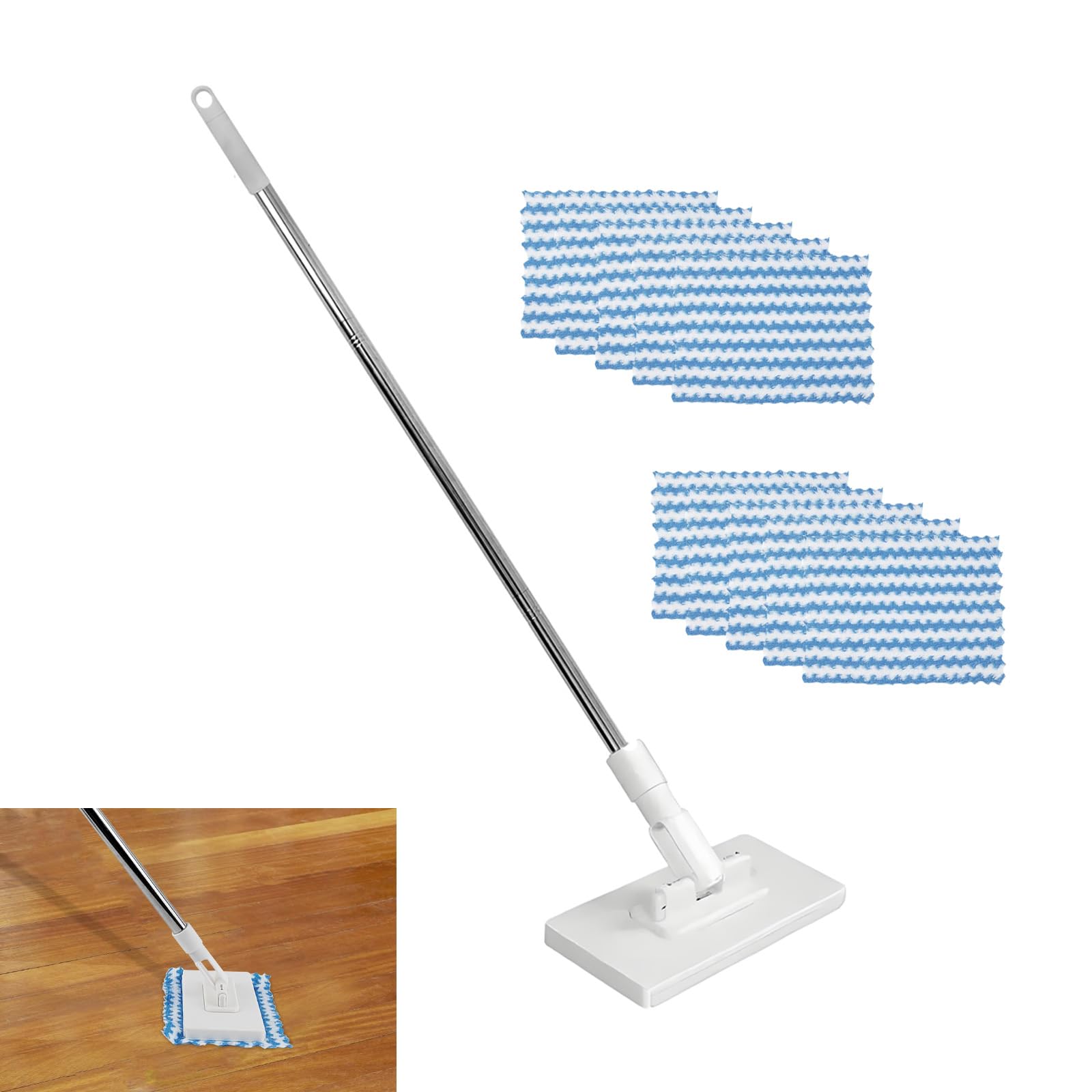 Mop z systemem zaciskowym, mały mop z 10 chusteczkami wielokrotnego użytku, bez mycia rąk, automatyczna ściereczka zaciskowa, mop podłogowy do czyszczenia luster łazienkowych, ścian, szkła