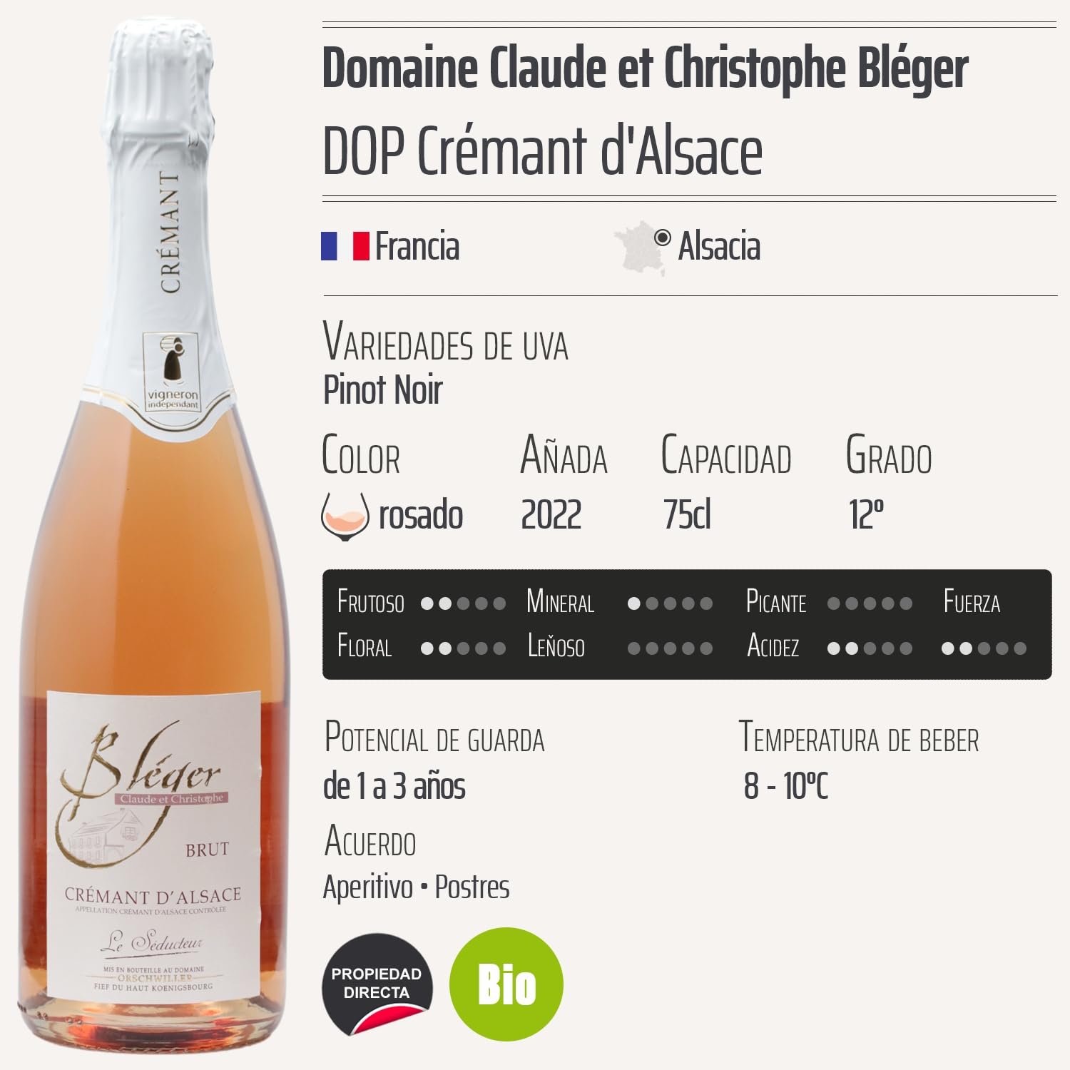 Crémant d'Alsace Le Séducteur rosado 2022 - Orgánico - Domaine Claude et Christophe Bléger - DOP - Alsacia - Francia - Variedades de uva Pinot Noir - 6x75cl