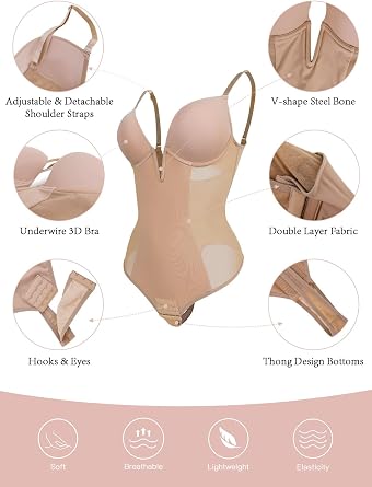 SHAPERIN Women Backless Bodysuit Shapewear Tummy Control Body Shaper Bra | Underwire Built In Bra Compression Leotard Sexy U Plunge Bodysuit Push Up Low Back Shapewear for Wedding Party