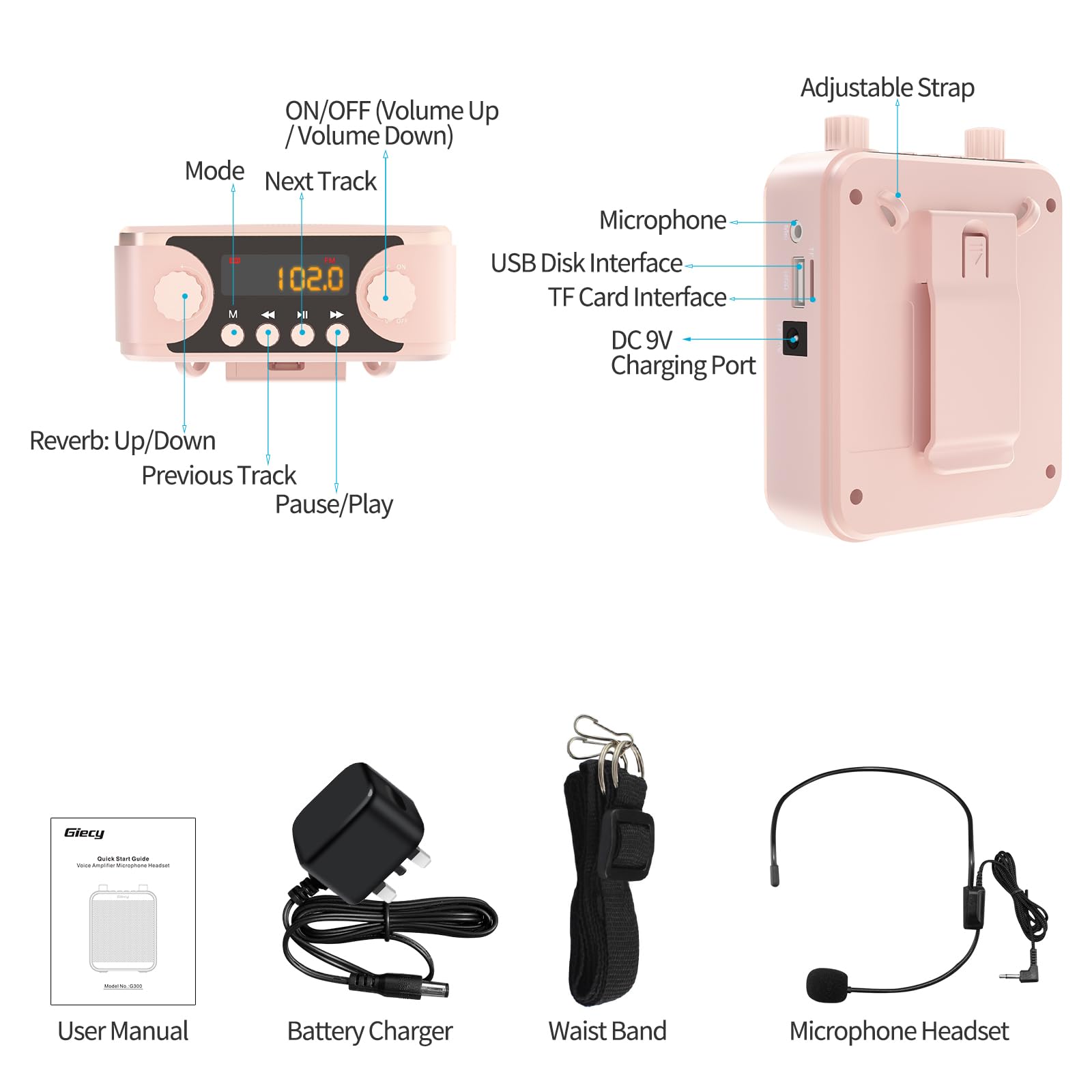 Amplificatore vocale portatile da 30 W con microfono cablato auricolare, altoparlante con sistema PA ricaricabile da 2800 mAh, microfono personale, amplificatori di potenza vocale, altoparlante per