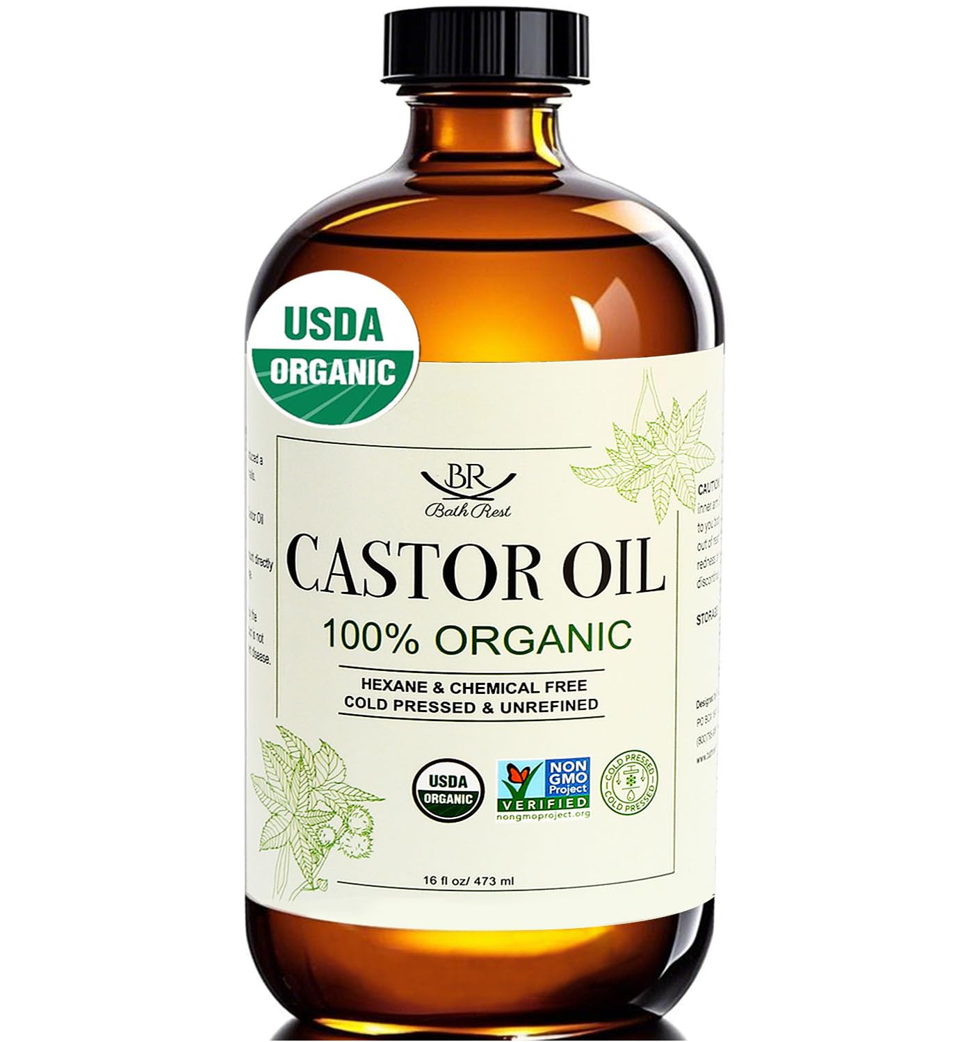 Bathrest Castor Oil Organic Cold Pressed Unrefined Glass Bottle 100% Pure for Hair Growth Eyelashes Brows Castor Oil Packs, Natural Skin Moisturizer,