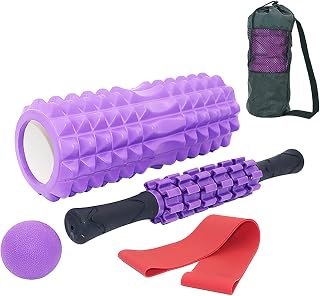 Yoga Rollers Set, 5 in 1 High Density Muscle Foam Roller with Massage Ball Massage Roller Stick Exercise Resistance Bands for Deep Tissue Massage Pain Relief of Back Legs (Purple)