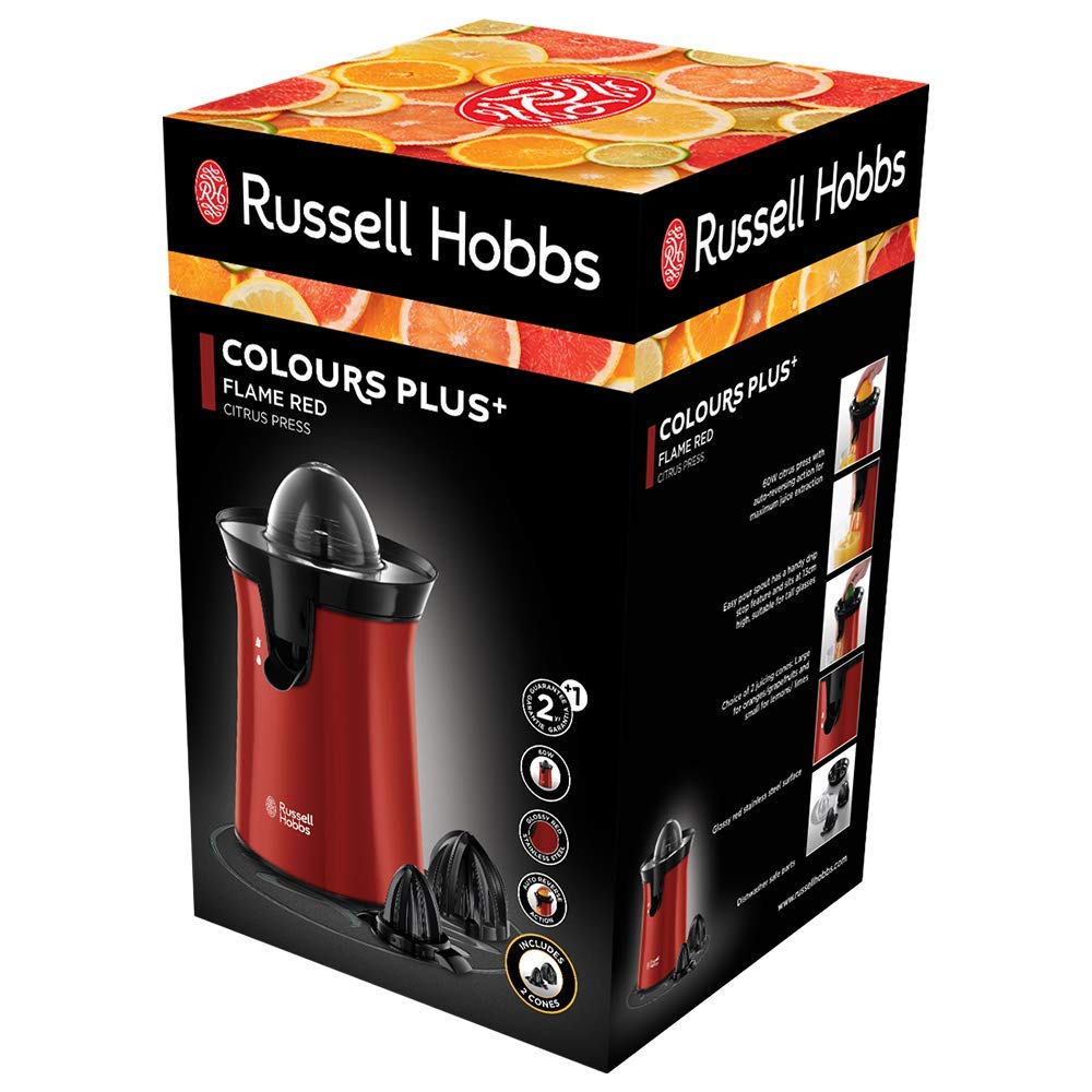 Russell Hobbs Tostadora Colours Plus 1 Ranura Larga y Ancha, para 2 Rebanadas + Exprimidor Eléctrico Colours Plus Exprimidor de Naranjas y Zumos, 2 Conos Intercambiables, Acero Inoxidable