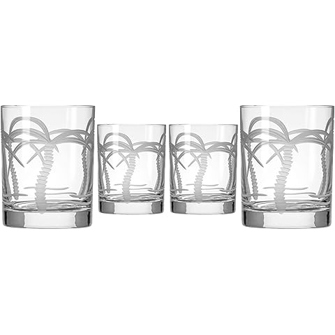 Rolf Glass Palm Tree Double Old Fashioned Glass 13 ounces | Engraved Whiskey Glasses | Lead-Free Tumbler Glass | Proudly Made in the USA (Set of 4)