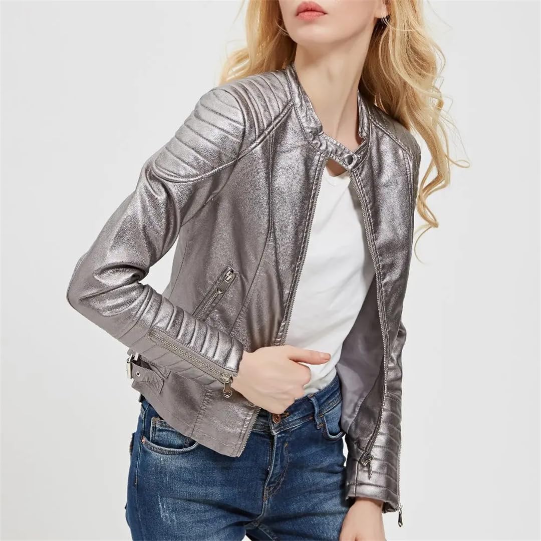 Giacca da motociclista in ecopelle con cerniera moda primavera/autunno da donna. Cappotto in pelle da moto casual