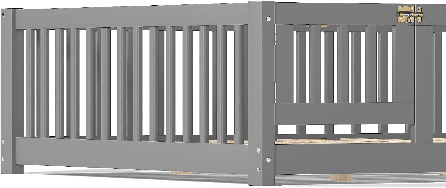 Bellemave Queen Size Montessori Floor Bed with Rails, Pine,Montessori Floor Bedwith slats and a Small Door, Gray