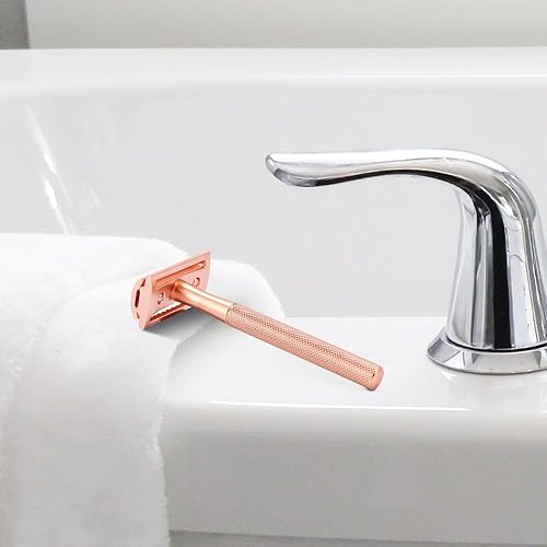 Miniatura 8 de Maquinilla de afeitar de seguridad para hombres con 10 cuchillas de doble filo de metal, reutilizables, ecológicas, color oro rosa