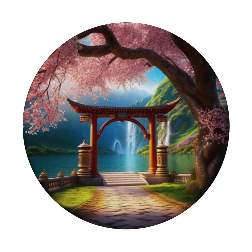 Mystical Cherry Blossoms Stone Arch Ethereal Fantasy Graphic PopSockets Swappable PopGrip, Black - Image 3