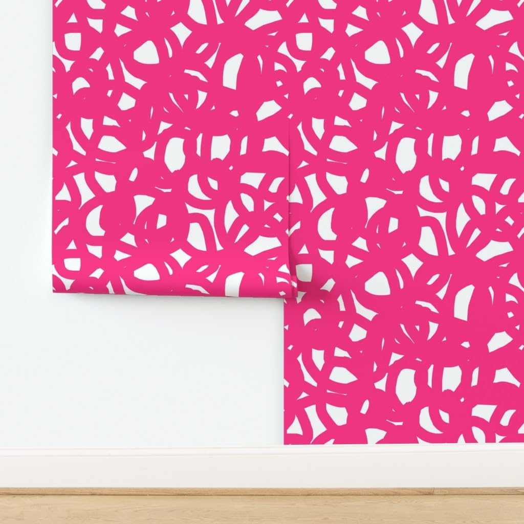 Spoonflower Commercial Grade Wallpaper 27ft x 2ft - Hot Pink Graffiti Swirls Electric Pink Neon Colorful Modern Abstract Traditional Wallpaper