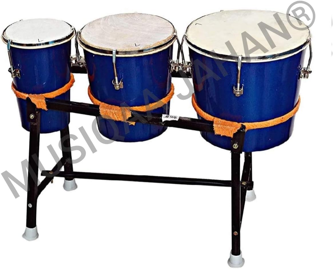 Spl. Stand Triple Bongo Wooden Drum (Blue) Junior Congo - Handemade WITH Folding Stand 00001