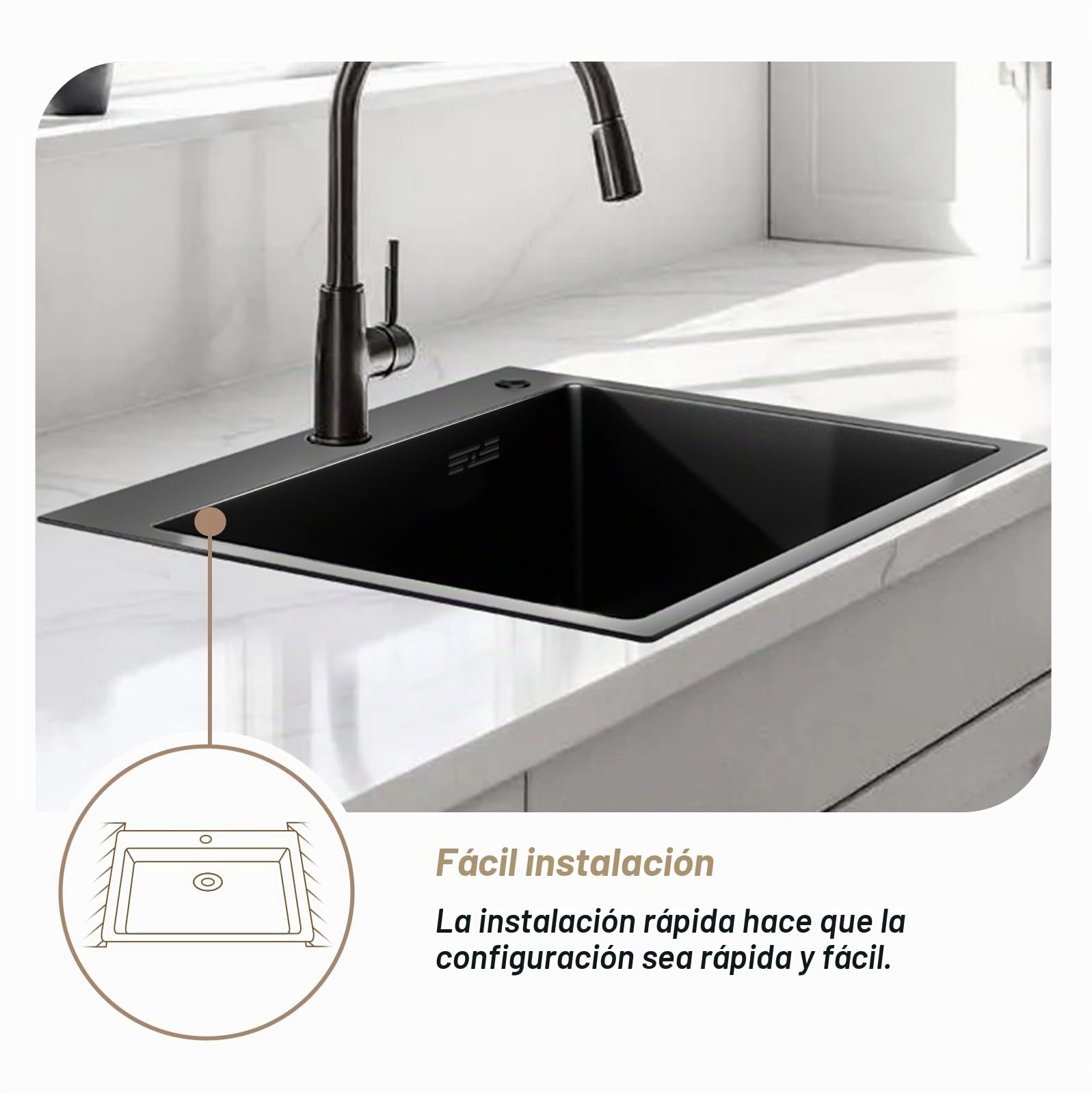 Fregadero doble de acero inoxidable, 55 x 45cm, con 2 cuencas, orificio para grifo y juego de sifón, fregadero cocina 2 senos fregadero dos senos kitchen sink (Black, L55XW45cm)