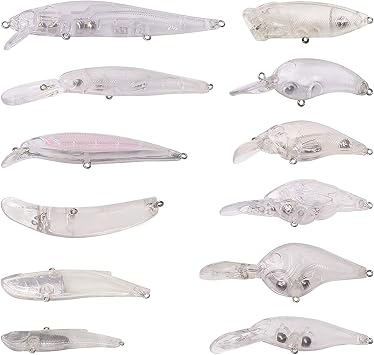Unpainted Fishing Lures Crankbait Blanks Hard Lures Kit with 3D Eyes Blank Fishing Lure Making Kit Lipless Crankbait Minnow Popper Jerkbait VIB Clear Bodies