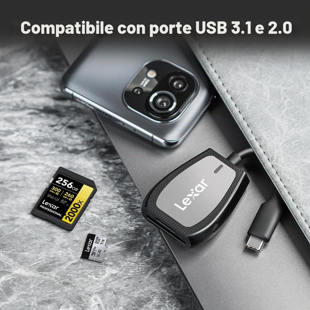 Lexar Lettore professionale USB 3.2 Type-C a doppio slot, supporta schede SD e microSD UHS-II, lettura fino a 312 MB/s (LRW470U-RNHNU)