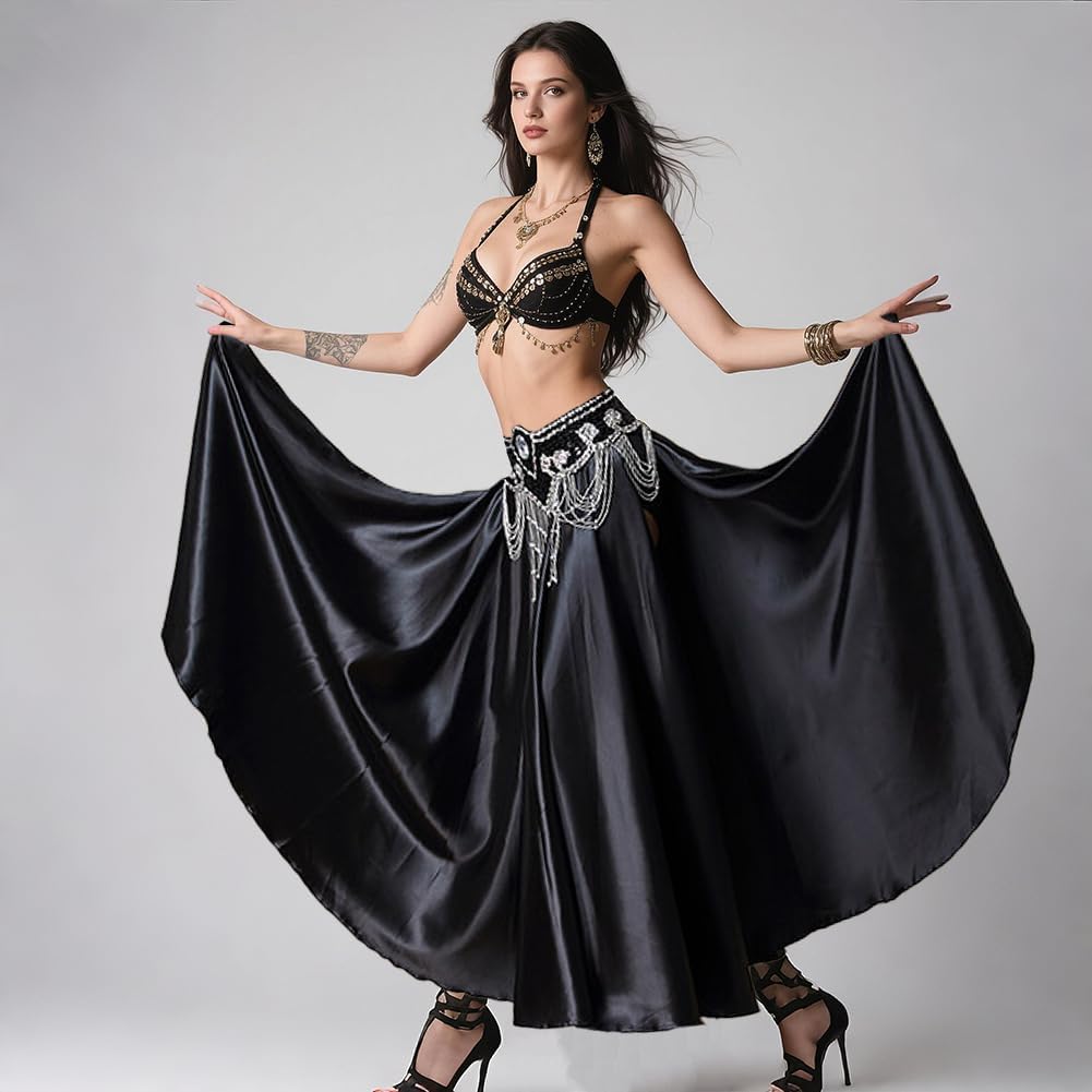 Double Splits Flowy Hem Belly Dance Wrap Skirt Satin Stage Performance Long Skirts for Women with Slip Shorts - Image 5