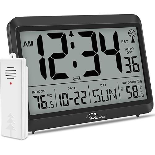 WallarGe Atomic Clock with Indoor Outdoor Temperature - 8.5'' Digital Clock Battery Operated, Self-Setting, 4 Time Zones, DST