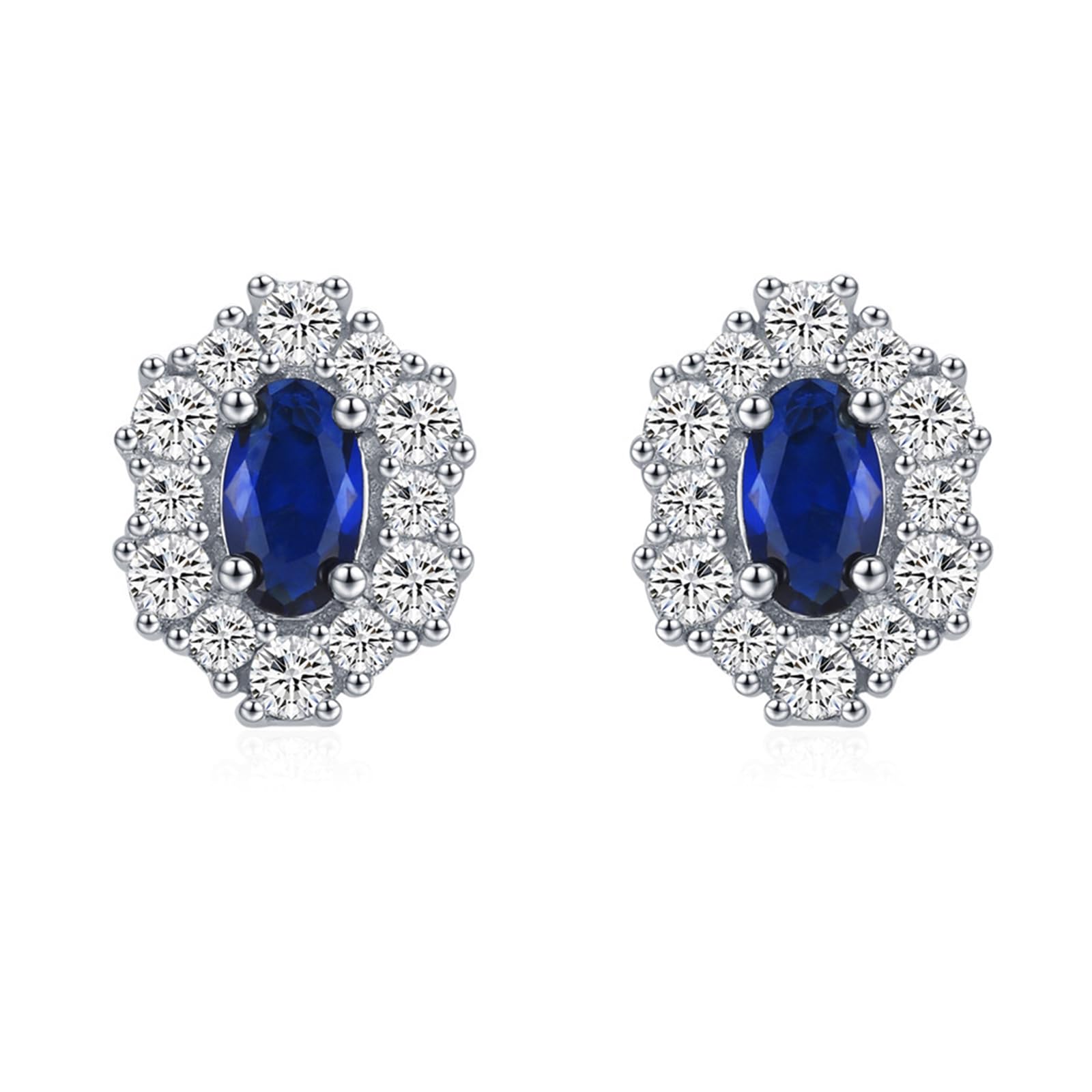 Pendientes de platino para mujer, diseño de flor con zafiro ovalado y moissanita, hipoalergénicos, para bodas