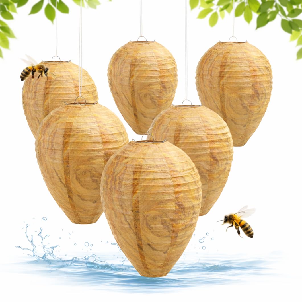 6 Pack Wasp Nest Decoy, Fake Wasp Nest for Outdoor Hanging, Waterproof & Tear-Resistant Deterrent, Yellow Jackets & Bee Repellent, for Outdoor, Patio & Garden (Brown)