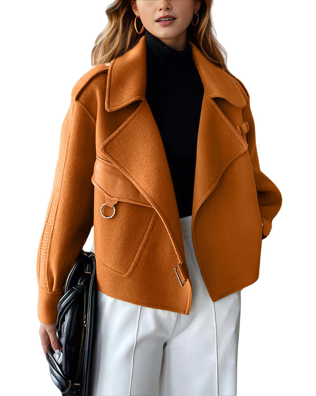 chouyatou Womens Business Casual Wool Coat Suit Top Open Front Loose Dressy Blazer Jacket Trench Coat