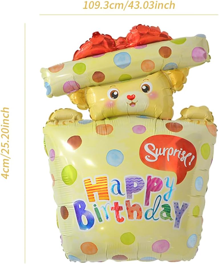 43 Inch Happy Birthday Gift Box Bear Foil Balloon, Cute Yellow Bear Pop‑Out Gift Box Mylar Balloon, Colorful Polka Dot Birthday Party Balloon for Kids Boys Girls Birthday Party Decorations image 3