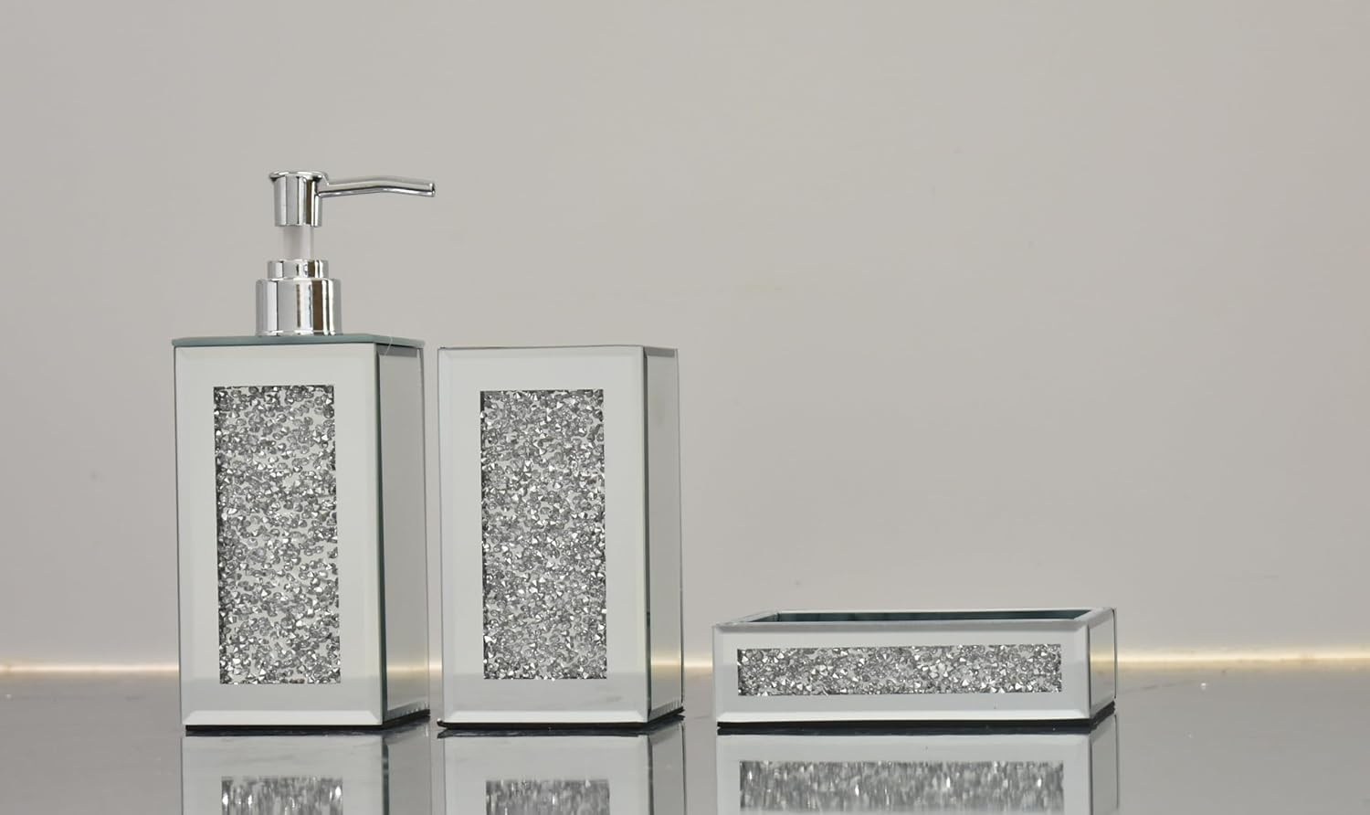 Deenz Silver Set Of 3 Piece Crushed Jewel Diamond Bathroom Accessories Soap Dispenser Toothbrush Holder & Soap Holder In