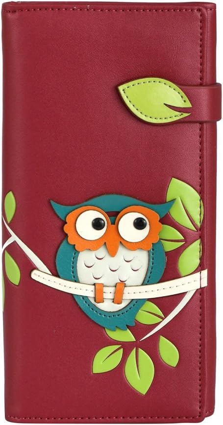 Women's Owl Appliqued Long Flat Wallet Fashion Coin Case Card Holder 757A Rose Red
