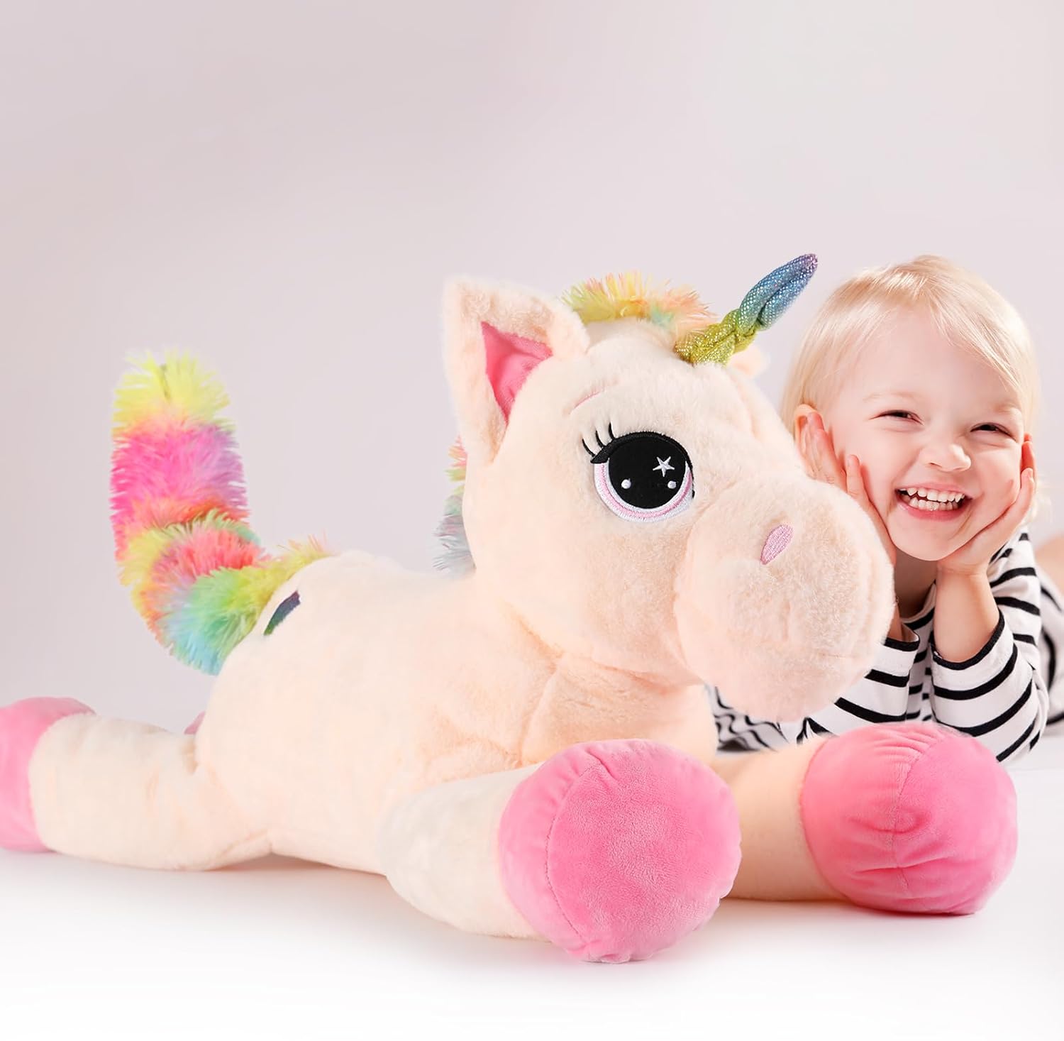 Tezituor 32in Unicorn Plush Toys,Beige Giant Unicorn Stuffed Animals,Lovely Plushies Birthday Decorations for Girls,Big Unicorns Gifts for Children