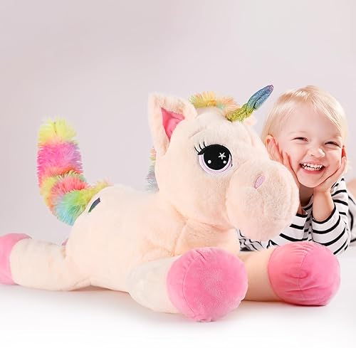 Tezituor Peluche de unicornio grande de 32 pulgadas, animales de peluche de unicornio gigante beige, decoraciones de cumpleaños de unicornio para